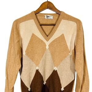 Vintage 70s Neil Norman Collection Cashmere Sweater Argyle Tan Brown - S
